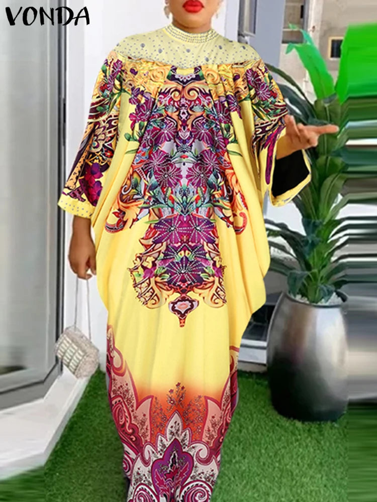 Maxy Women Dress Bohemian Printing Sundress Elegant Robe Vintage 3/4 Sleeve Stand Collar Holiday Oversized
