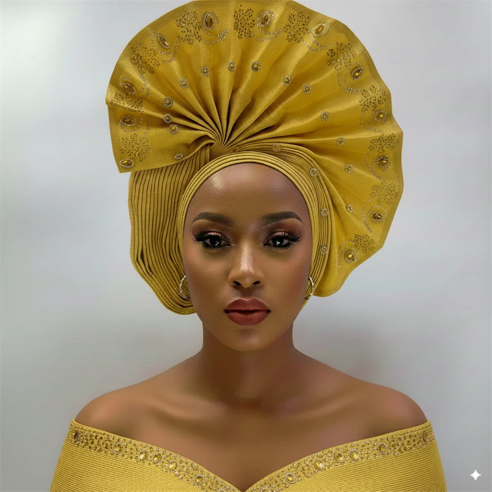 Maxy Head tie Gele Luxury Handmade African Gele Turban with Stones Women’s Head Wear for Party Wedding