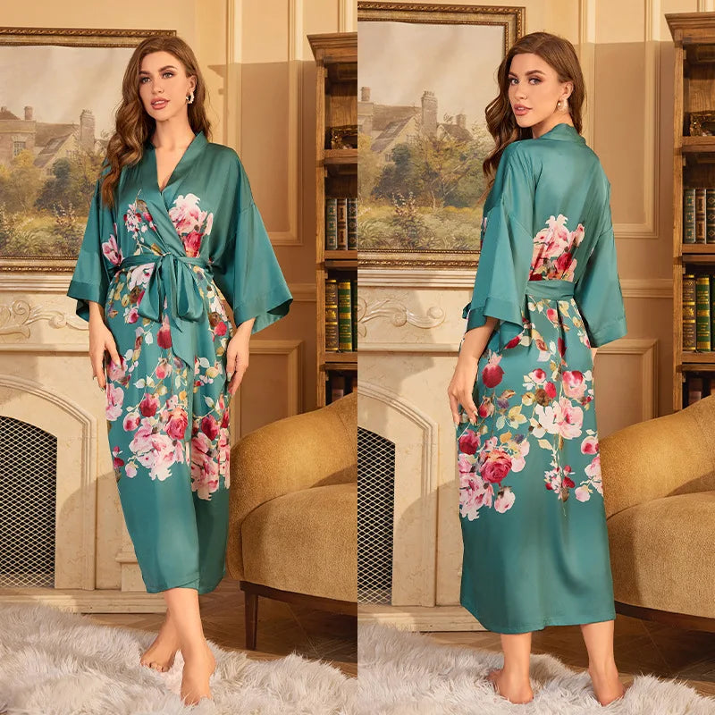 Maxy Japanese Style Half Sleeve Kimono Bathrobe Gown Female Long Robe Nightgown Sleepwear Loose Satin Print Flower Home Dressing Gown