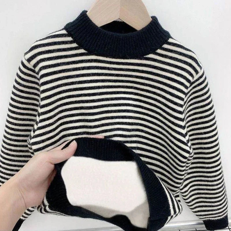 Maxy Boys Padded Sweater Autumn Winter Children's Fleece Striped Knitted Jumper Kids Warm Bottom Shirt Toddler Pullover Clothes