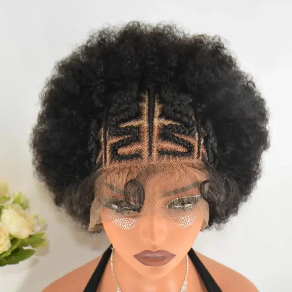 Maxy 250% Density 13x6 Lace Frontal Braided Wig Afro Kinky Curly Synthetic Wig Baby Hair Fluffy Curled Striped Braided Curly wig