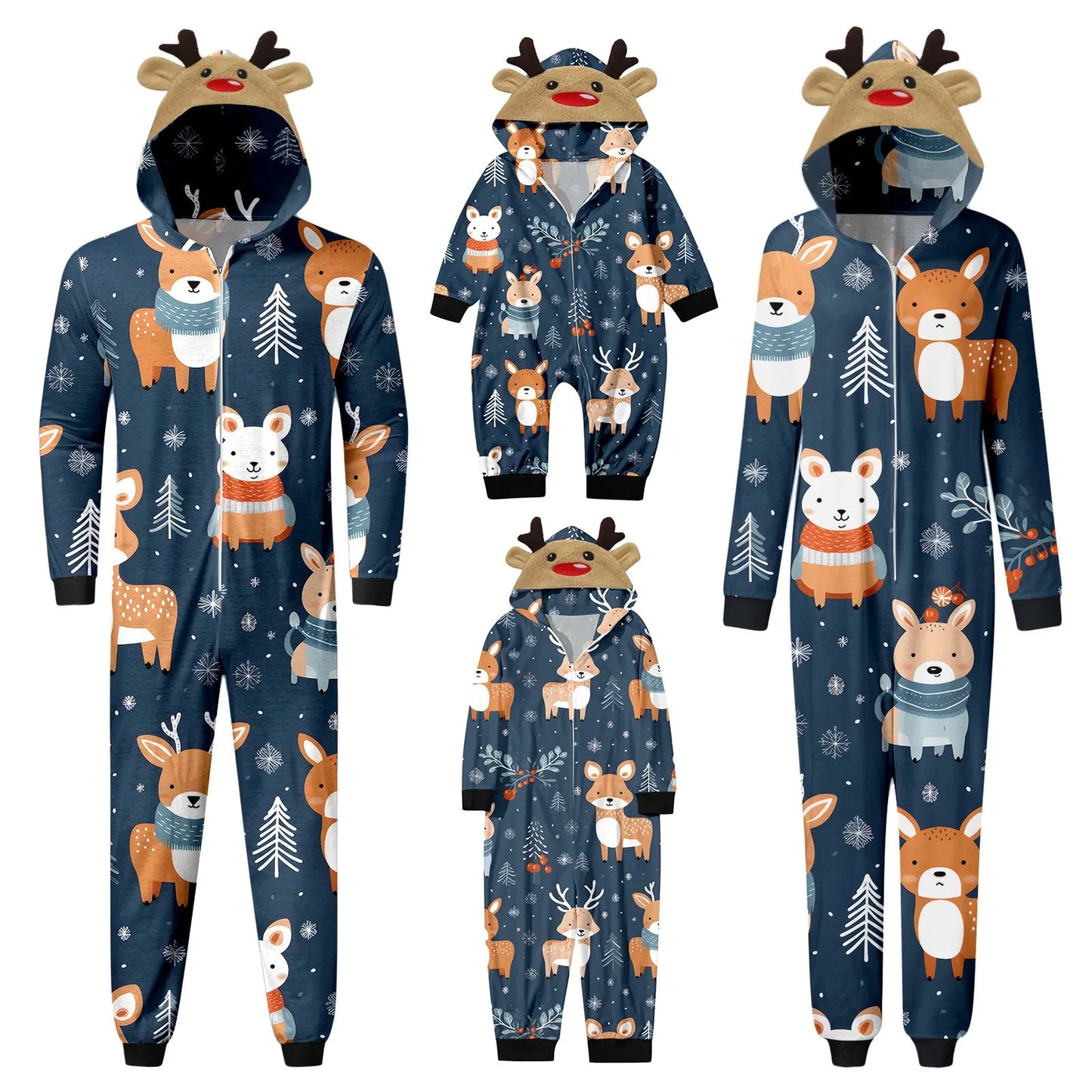 Christmas Long Sleeve Cute Deer Head Men Hoodie Jumpsuit Soft Zipper Romper Sleepwear Holiday Family Matching Pajama Set Family