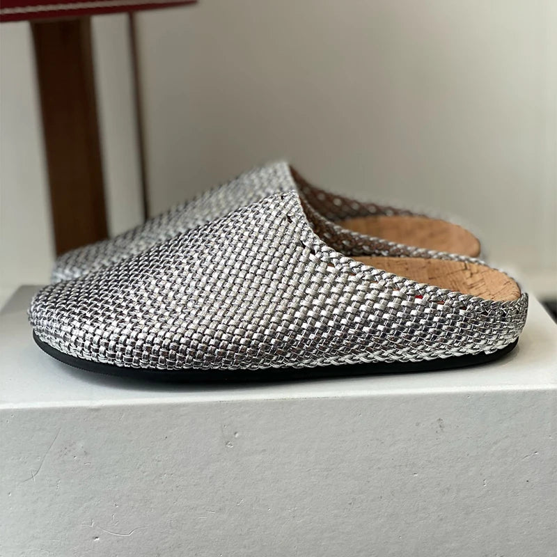 Maxy Genuine Leather Weaving Design Half Slippers Women Closed Toe Fashion Flat Bottom Slippers Spring Autumn Outdoor Versatile Mules