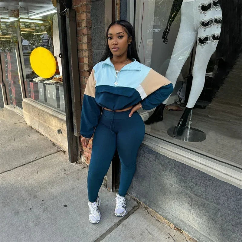 Maxy Sporty Casual Two Piece Set for Women Sweatsuit Fall Winter Patchwork Sweatshirt Top and Pants Running Tracksuit Joggings Femme