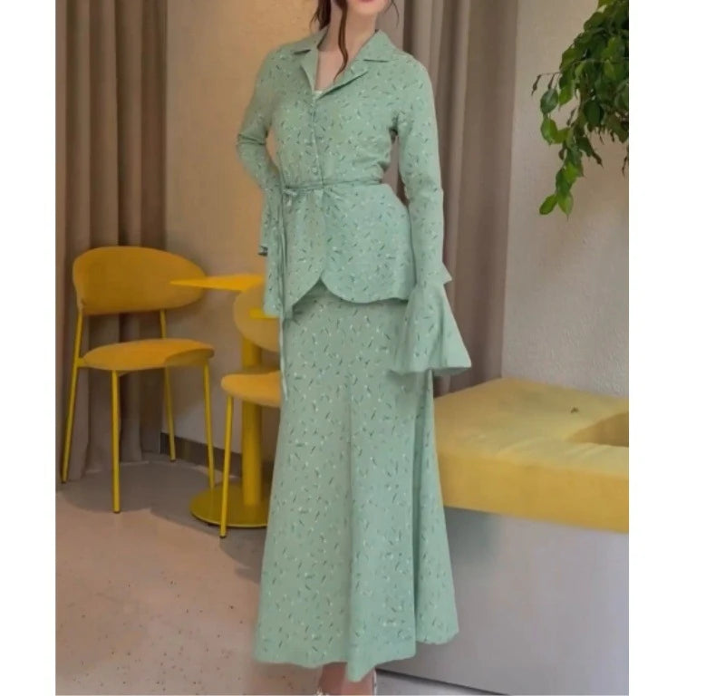 Vintage Dress Two Piece Sets Womens Outifits 2024 Flare Sleeve Turndown Collar Floral Print Zipper Lace Up Blouse + Skirt Suit