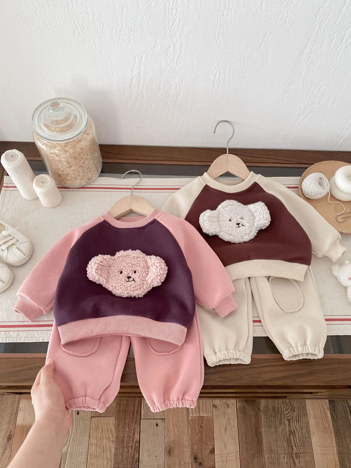 Maxy 2024 Winter New Baby Fleece Warm Clothes Set Infant Girls Bear Sweatshirt + Pants 2pcs Suit Plus Velvet Thick Boys Warm Outfits