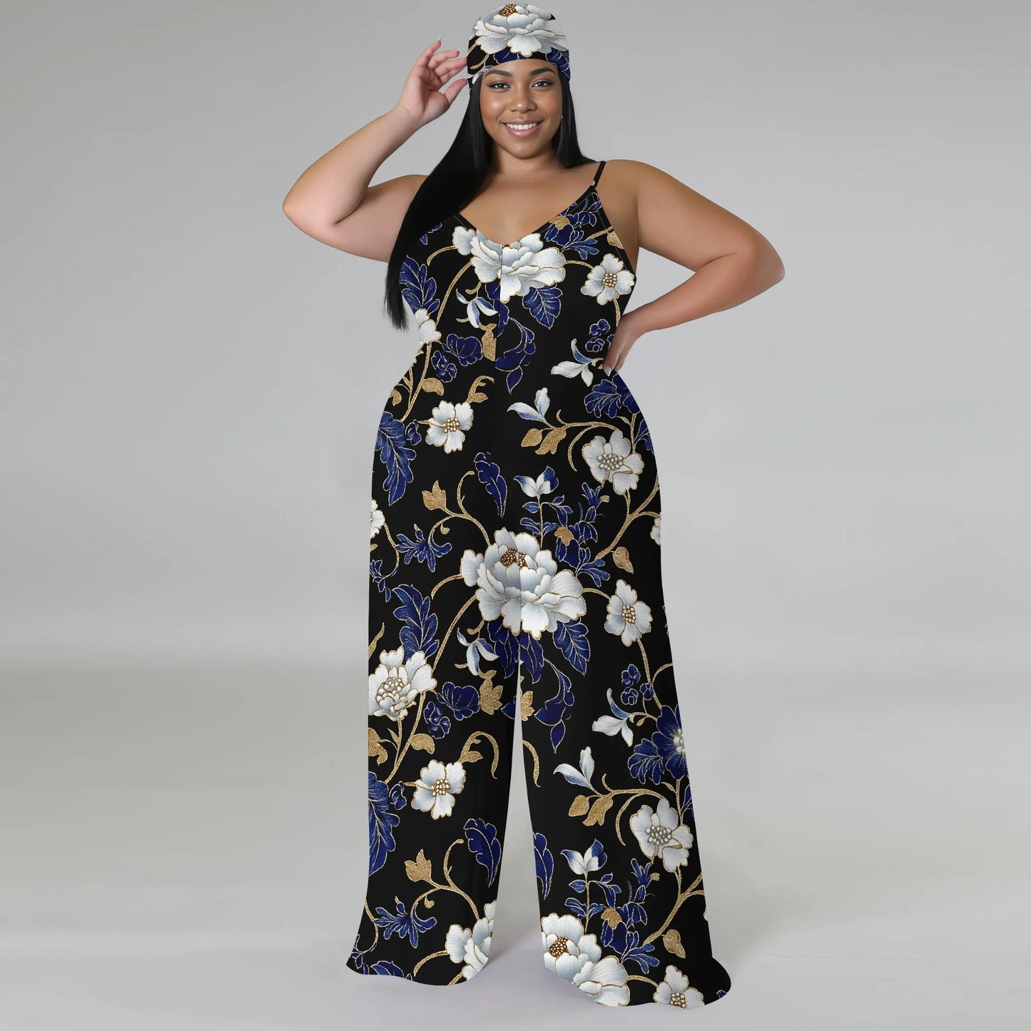 Maxy Luxurious Floral Halter V-Neck Maxy Dress - Women's Elegant Chic Party Resortwear Evening Beachwear Summer (with headscarf)