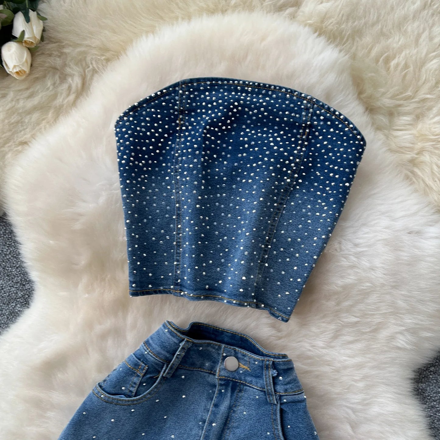 Maxy Denim Pant Set Women Two Piece Sets Sexy Matching Sets Sleeveless Short Tops Long Flare Pants High Waist Slim Hot Diamond