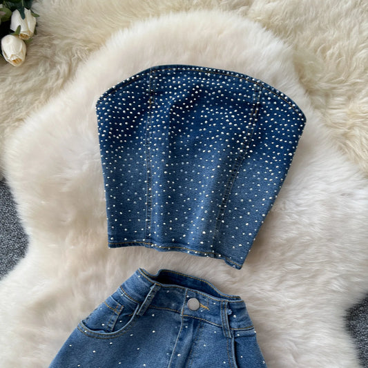 Maxy Denim Pant Set Women Two Piece Sets Sexy Matching Sets Sleeveless Short Tops Long Flare Pants High Waist Slim Hot Diamond