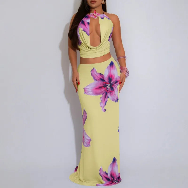 Maxy Floral Printed Street Women's Set U-Neck Crop Tops and Bodycon Long Skirts Suit Summer Birthday Holiday Two 2 Piece Set