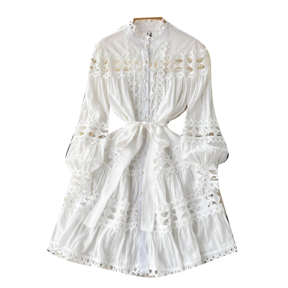 Maxy New style boho style standing collar hollowed out single breasted dress spring wear, women's lace up and hollowed out dress