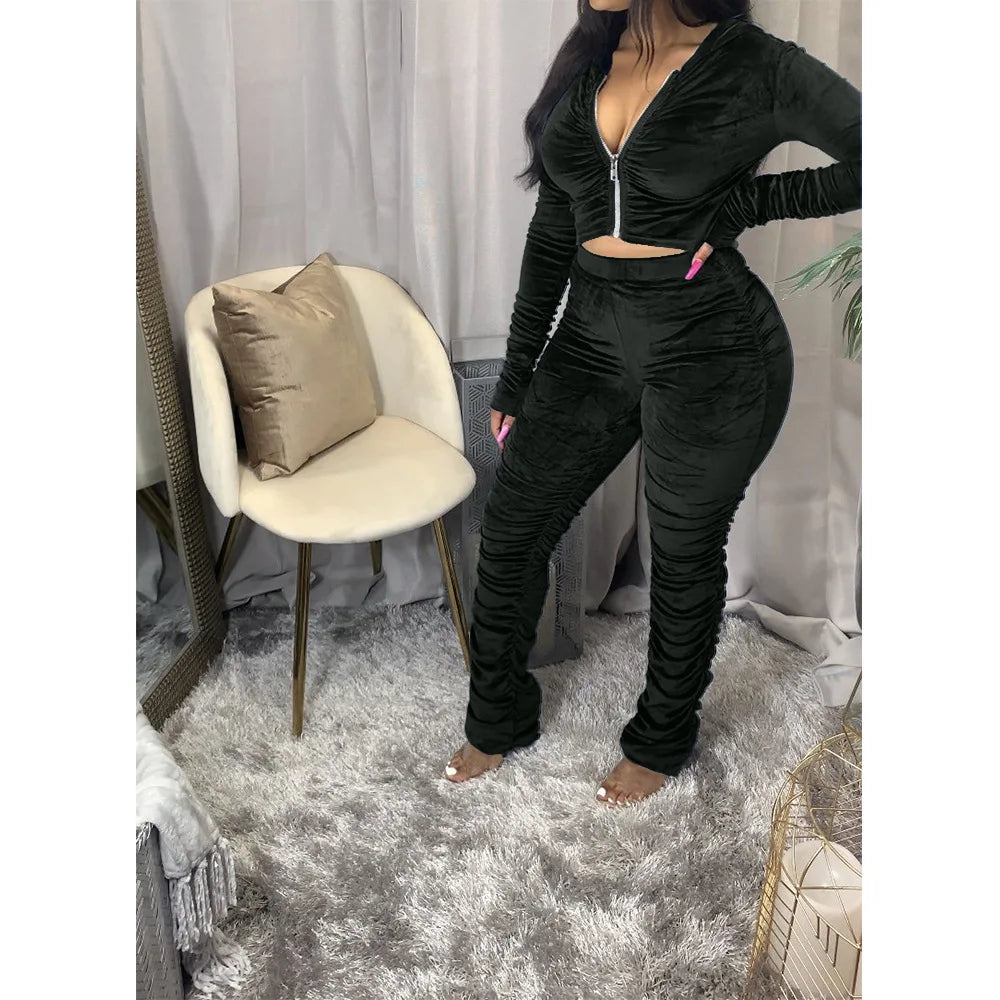 Maxy Autumn Winter Velvet Tracksuit Two Piece Set for Women Matching Sets Ruched Hoodies Jacket Stacked Pants Joggers Sweat Suits