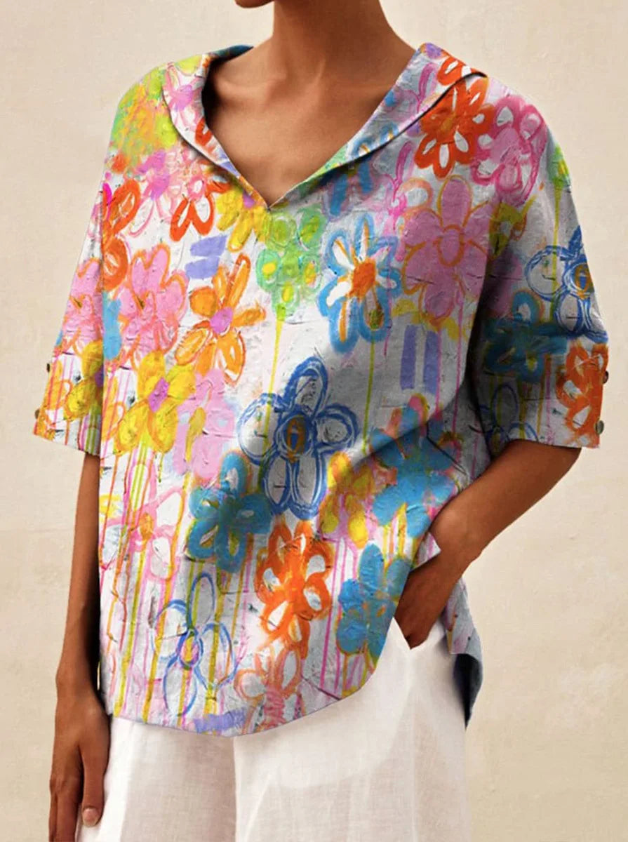 Maxy Women's Loose V-Neck Cotton Linen Shirt, Casual Elegant Summer Blouse Office Wear