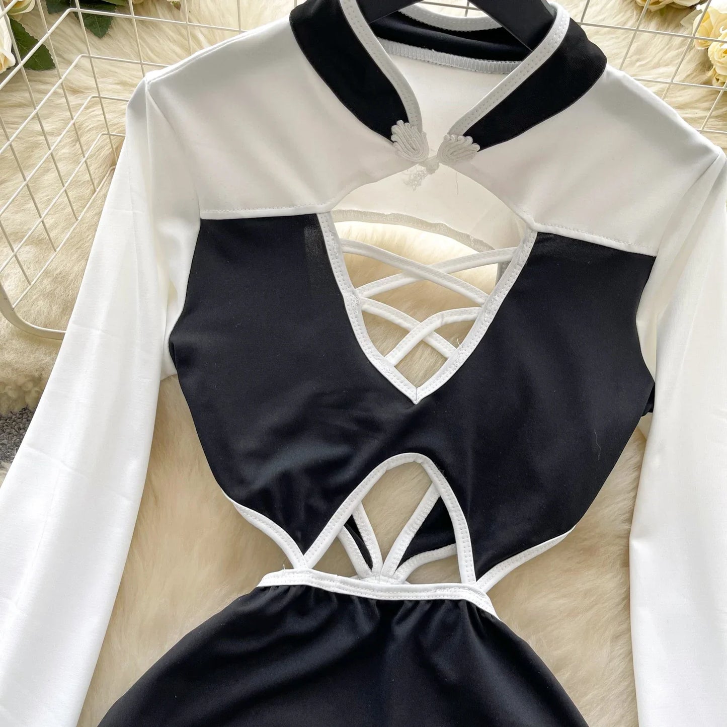 Amay Elegant Long Sleeves Vintage Stand Collar Chic Hollow Out Backless Slim Pencil Short Dresses Evening High Street Autumn Clothing