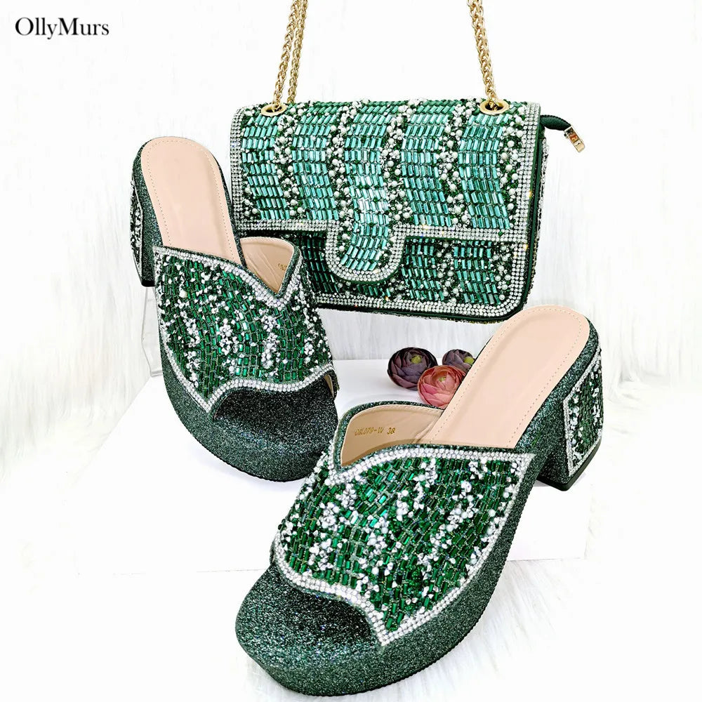 Maxy Design Summer Rhinestone Woman Shoes and Purse Set for Party African Elegant Pumps Slipper And Bag Matching Set