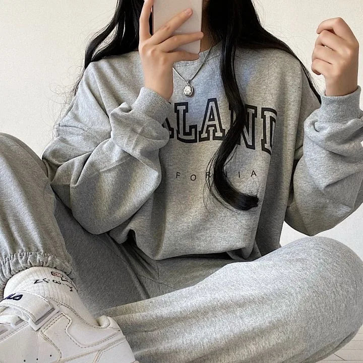 Maxy Casual Letter Print Fleece Sweatshirt Women Suit O-neck Two Piece Sets Womens Outfits Autumn Ladies Y2k Tracksuit Winter