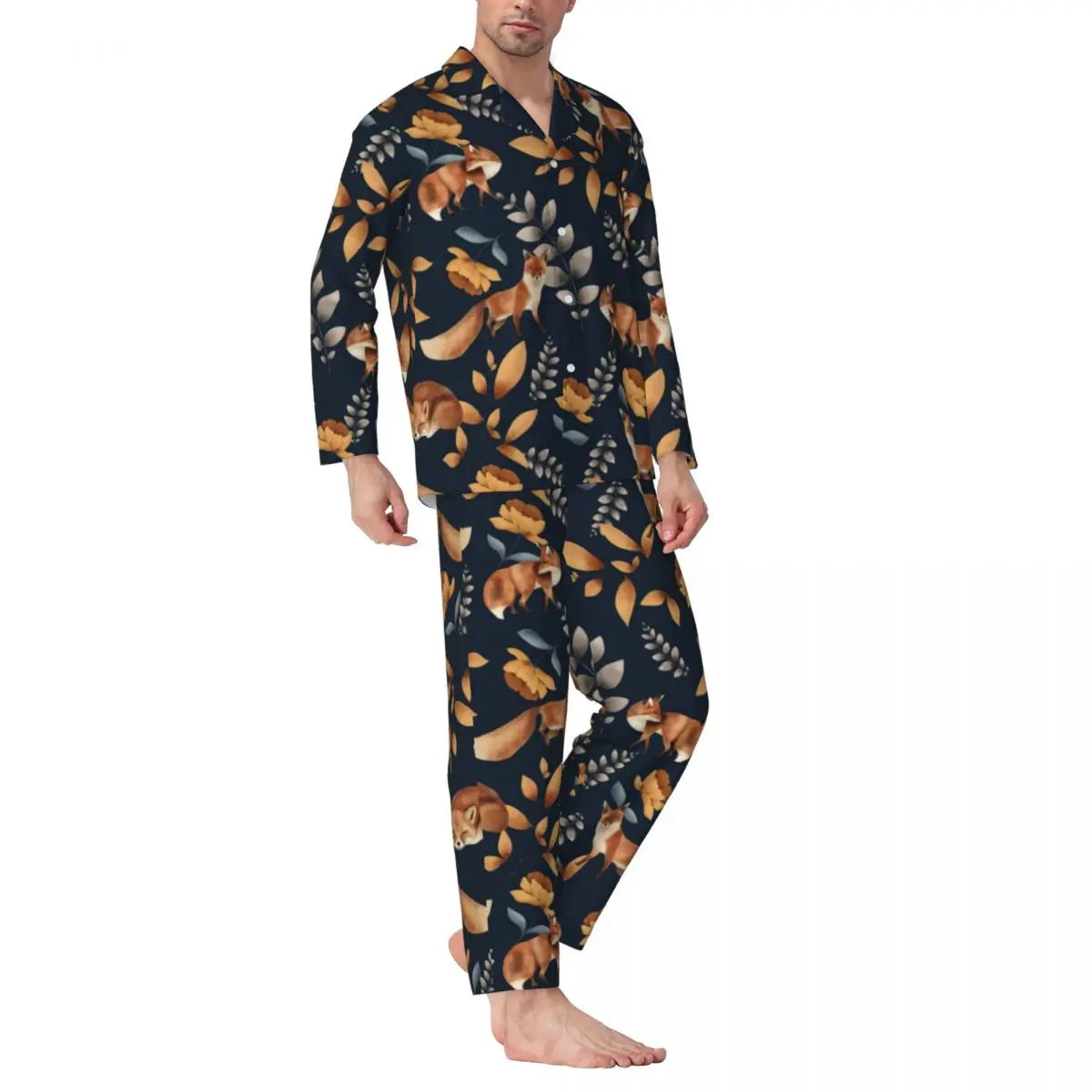 Maxy Cute Fox Print Pajama Sets Funny Christmas Kawaii Sleepwear Man Long Sleeve Loose Leisure 2 Pieces Nightwear Big Size XL 2XL
