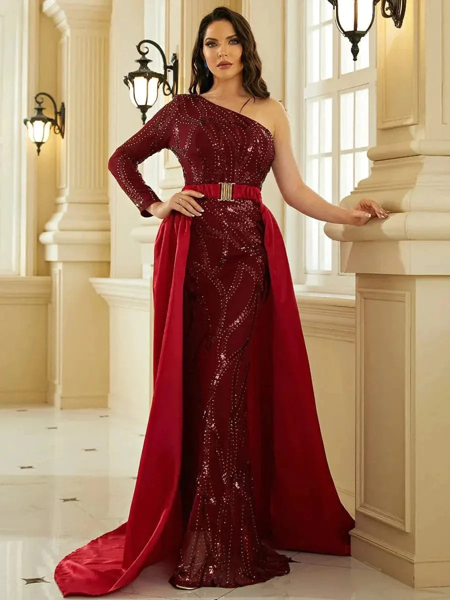 Maxy Delicate One Shoulder Sequins Evening Party Dress for Women Elegant Long Sleeve Open Back Host Prom Swing Dress Floor Length
