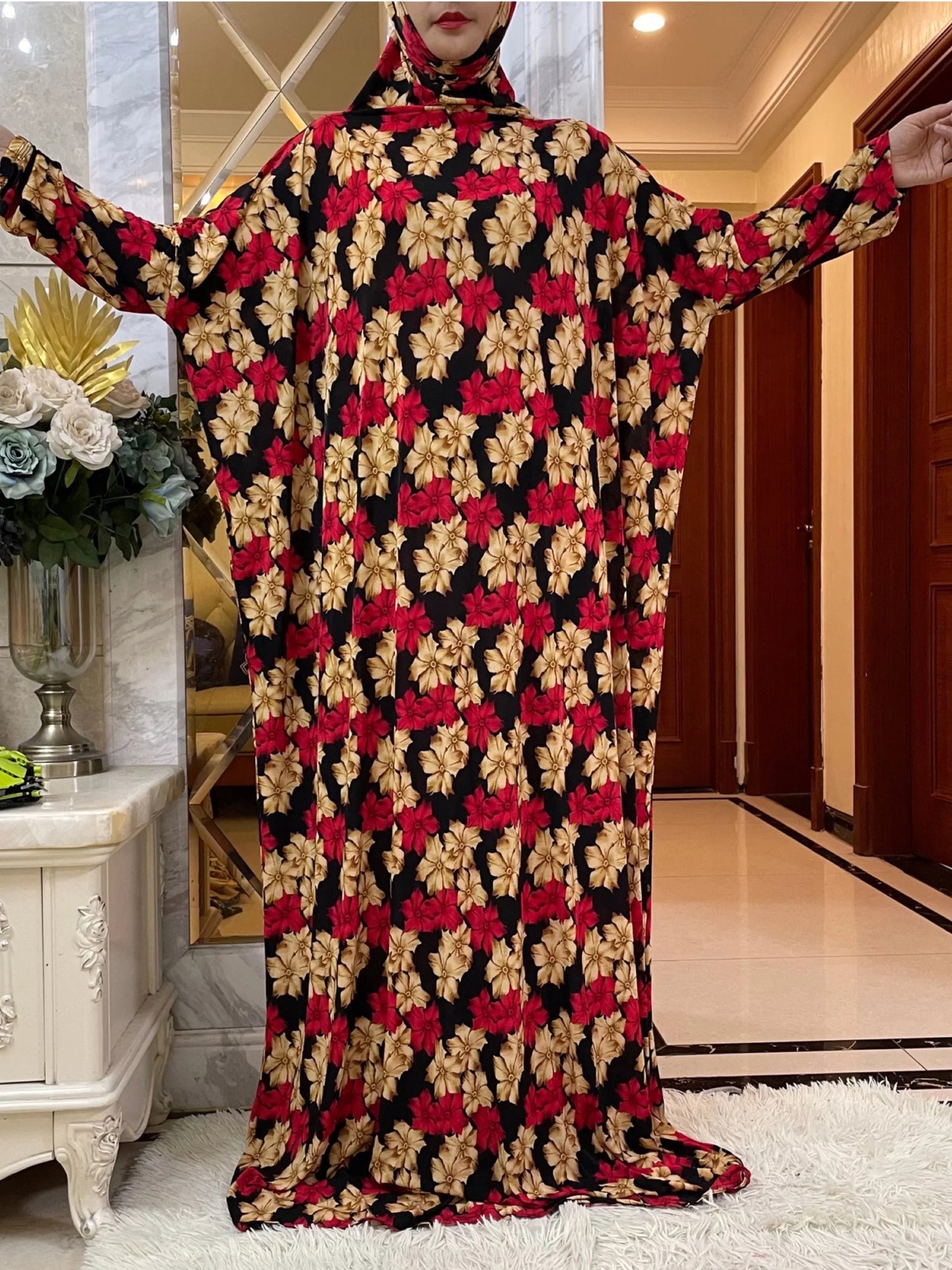Maxy Ramadan Abaya Muslim Women, Hooded Turkey Dress, African Prayer Garment, Dress, High Elastic Comfort Fabric, Floral Prints Rob
