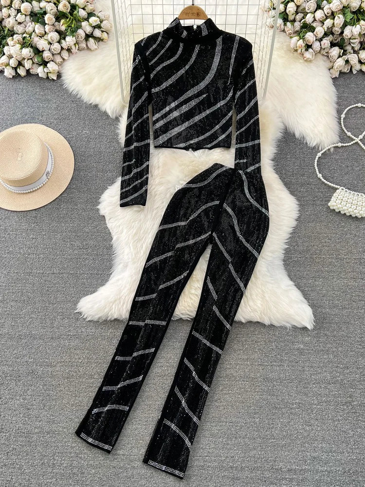 Maxy Spring Autumn Women Diamonds Striped Two Piece Set Gold/Silver/Black Stand Collar Long Sleeve Short Tops + Pants Suit 2Pcs New