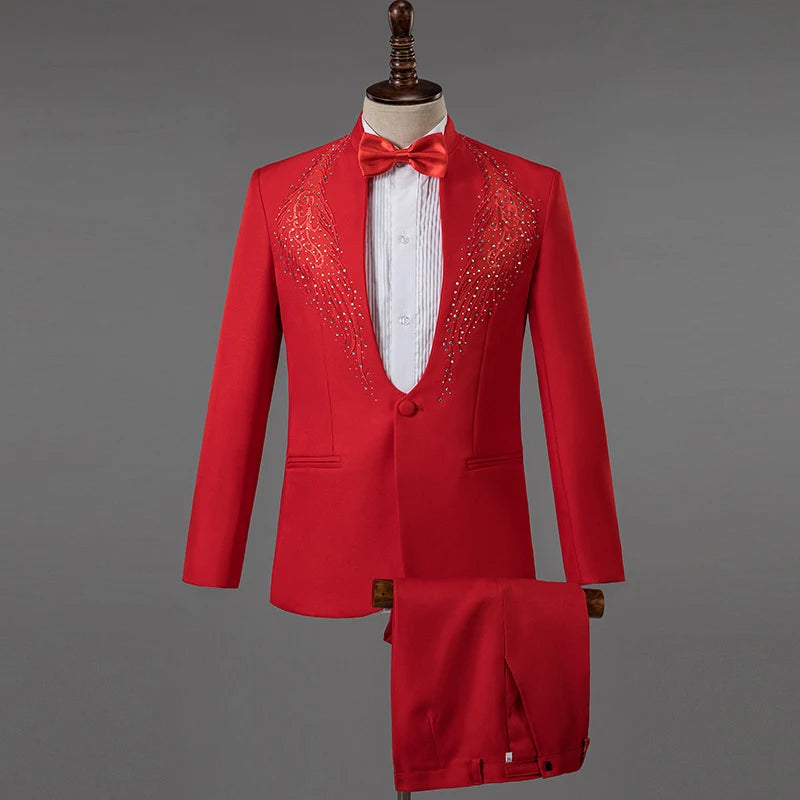 Amay Royal Blue Sequin Embroidery Suit Men Wedding Groom Tuxedo Suits Pants Mens One Button Peak Lapel Stage Costume Traje Hombre 2XL