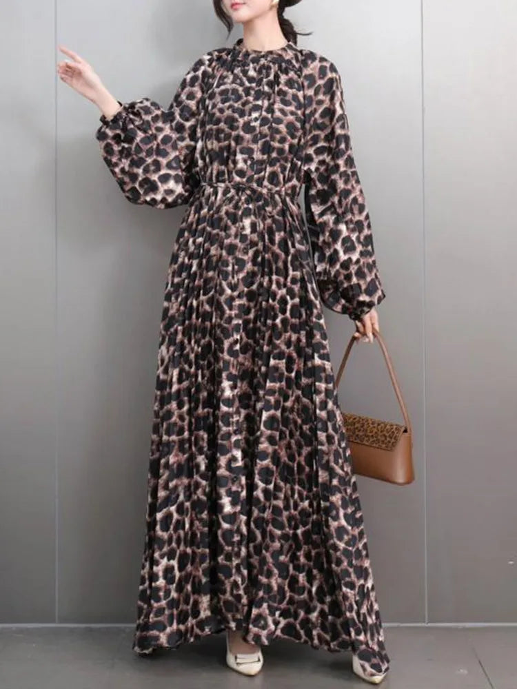 Babs Fashion Leopard Print Large Size Dress Women O Neck Loose Floor Length Long Style Casual Elegant Clothing New 5ZD1103