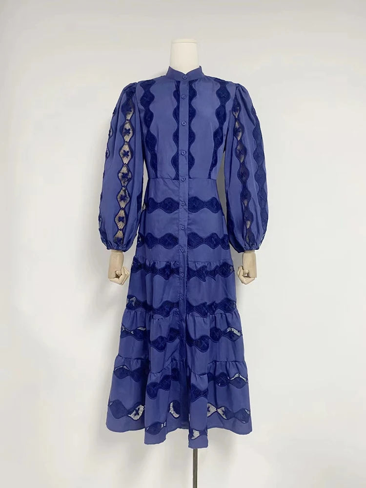 Maxy Solid Hollow Out Slimming Long Dressess For Women Stand Collar Lantern Sleeve High Waist Temperament A Line Dress Female New