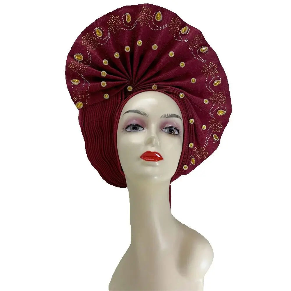 Maxy Luxury African Women’s Sego Head tie Crystal Stone Aso Oke Gele Aso Ebi Already Made Headtie Turban Cap Women Head Wear
