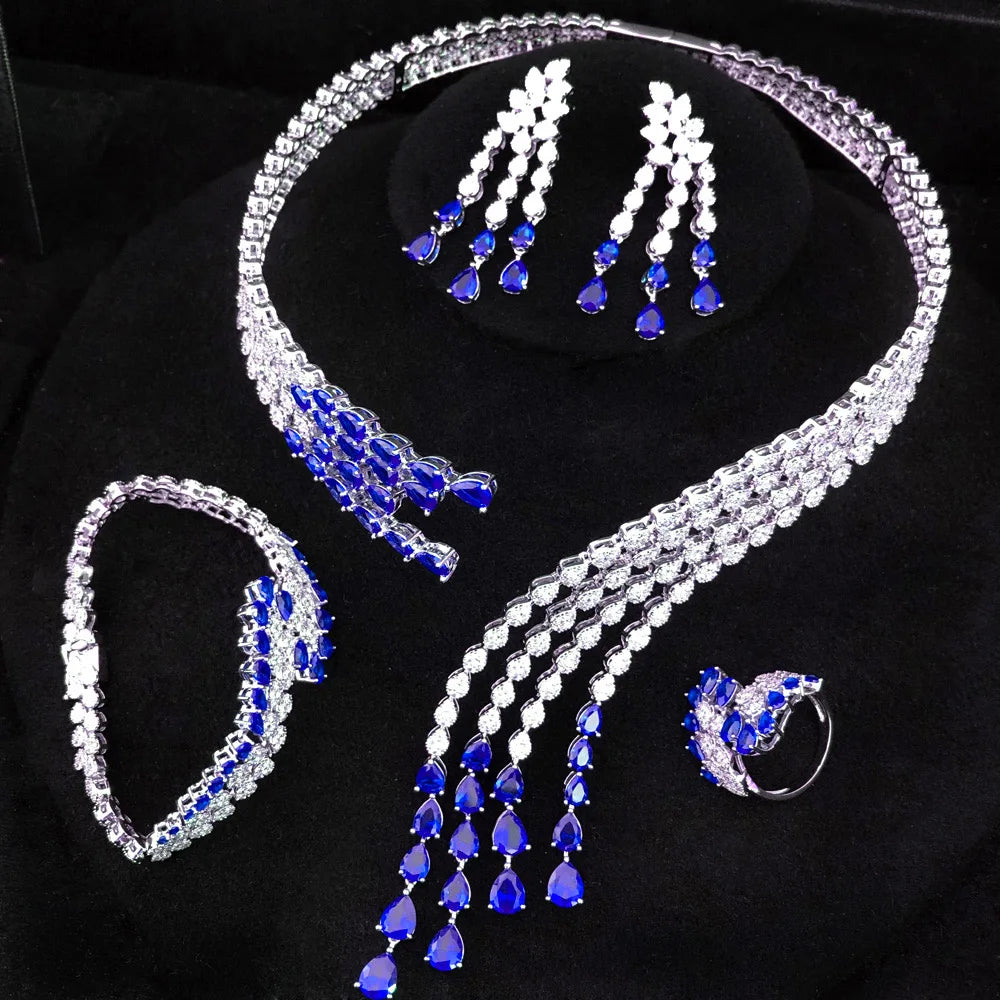 Maxy Trendy 4PCS Luxury Turquoise Statement Jewelry Sets for Women Wedding Cubic Zircon Bridal Necklace