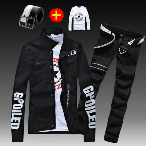 Visco Men's Slim Fit Denim Jacket Pants 2pcs Set Long Sleeve Coats Letters Printed Casual Large Size Black White Red Boys Trousers