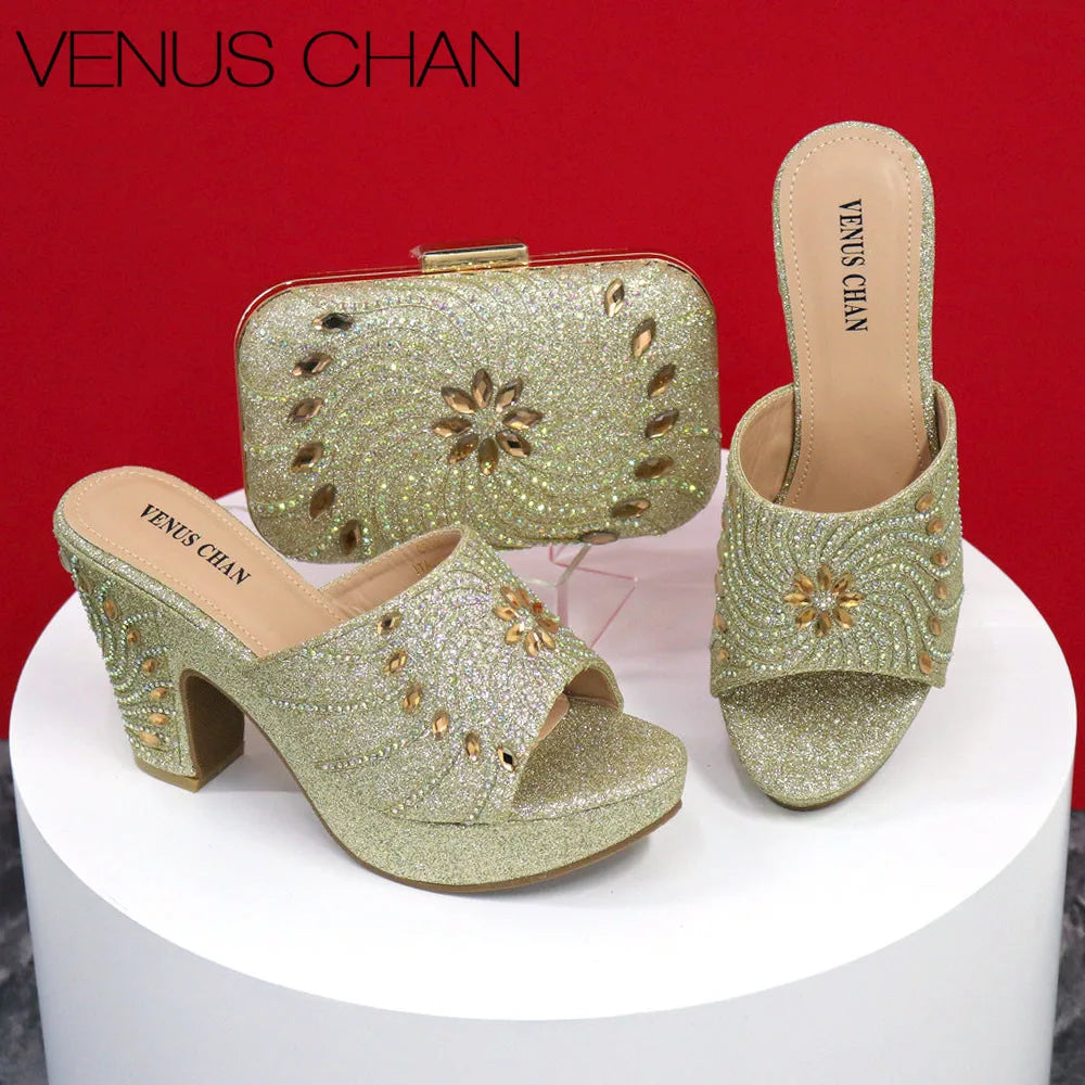 Maxy High Heels Shoes for Women Fashion Embroidery Rhinestone Italian Design Silver Color Round Head Shoes and Bags Set