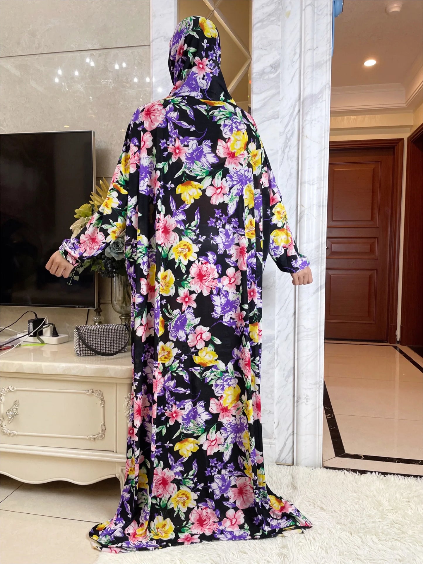 Maxy Ramadan Abaya Muslim Women, Hooded Turkey Dress, African Prayer Garment, Dress, High Elastic Comfort Fabric, Floral Prints Rob