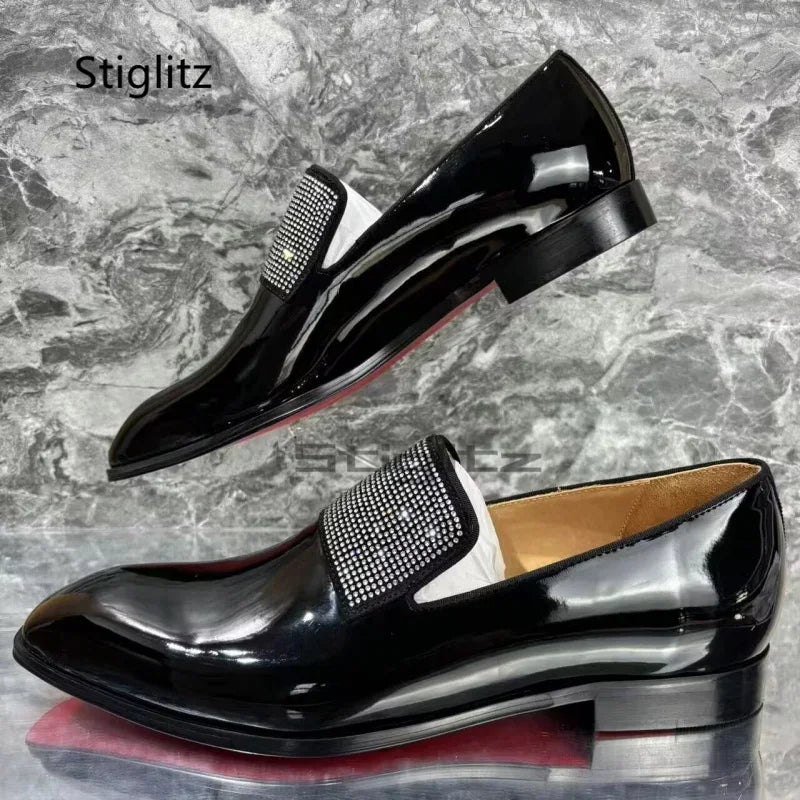 Visco Rhinestone Men's Bright Leather Dress Shoes Black Square Toe Business Office Wedding Shoes Slip On Loafers Luxury Mlae Shoes
