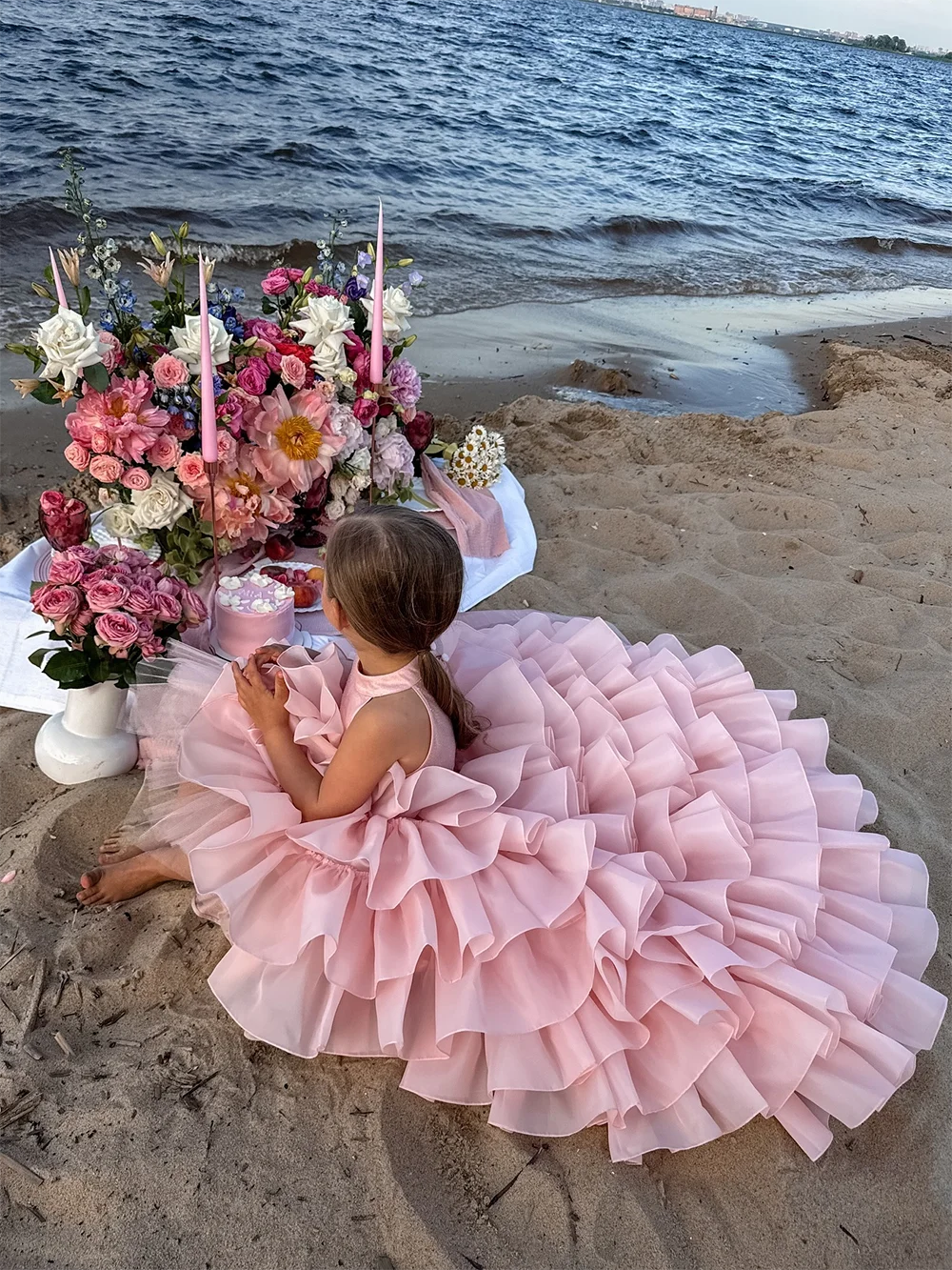 Maxy Princess Flower Girl Dress For Wedding Light Pink Layered Ruffles Sleeveless Child First Eucharistic Birthday Party Dress