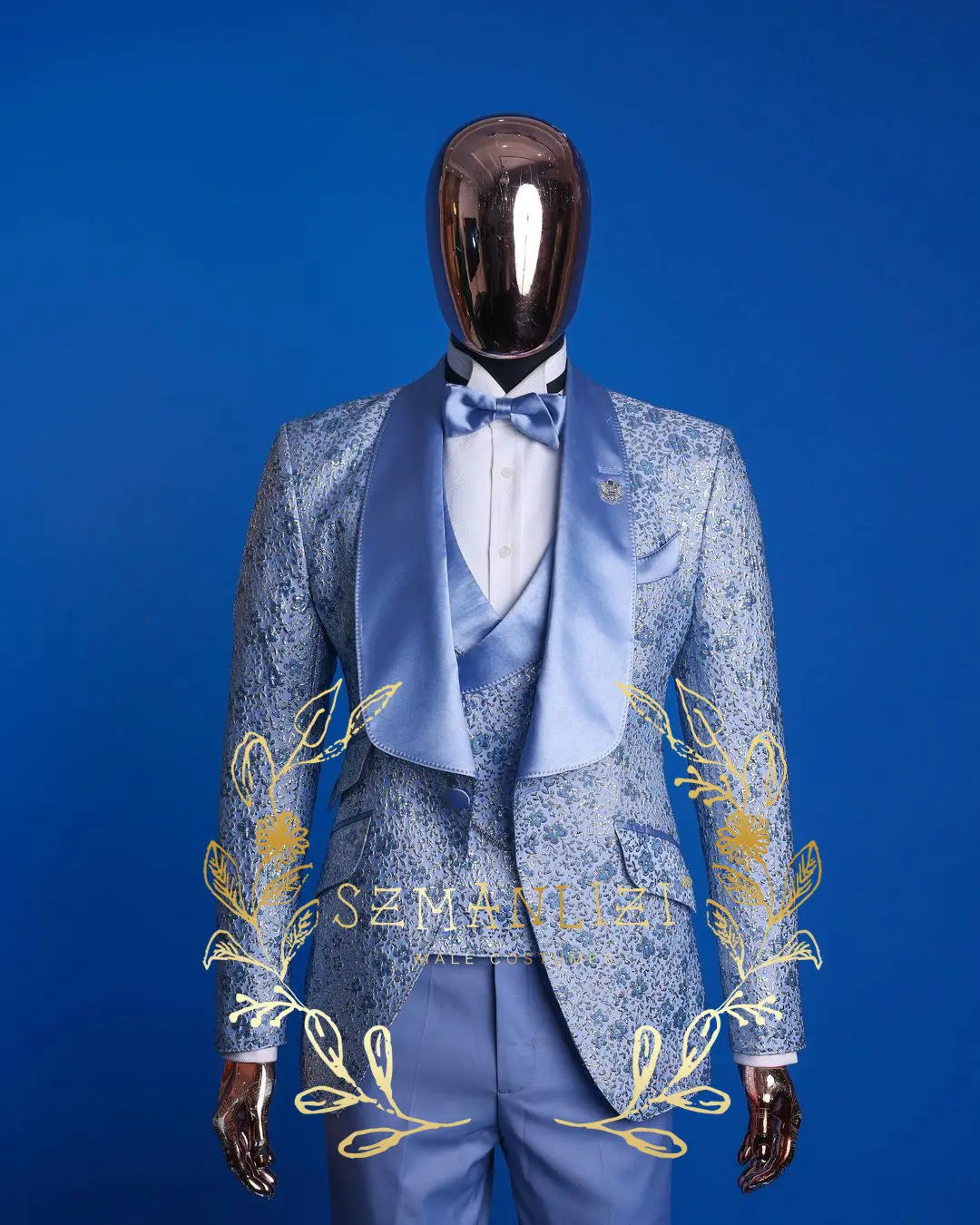 Visco Handsome Blue Gold Floral Rim Stage Men Suit Set Stand Collar Men's Suits (Jacket+pants+vest)