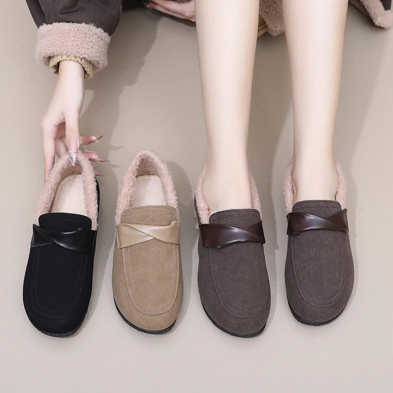 Maxy Winter Women's Soft Fur Lining Moccasins Suede Ladies House Warm Indoor Outdoor Anti Skid Loafers Slip On Flat Shoes