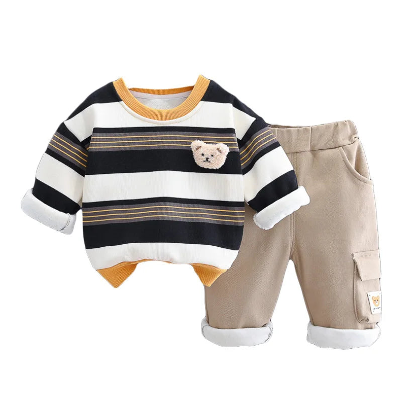 Maxy Children Clothing Sets Autumn Winter Baby Boys Stripe Sweatshirt Pants Warm Plush Toddler Kids Tracksuit Infant Clothes Outfits