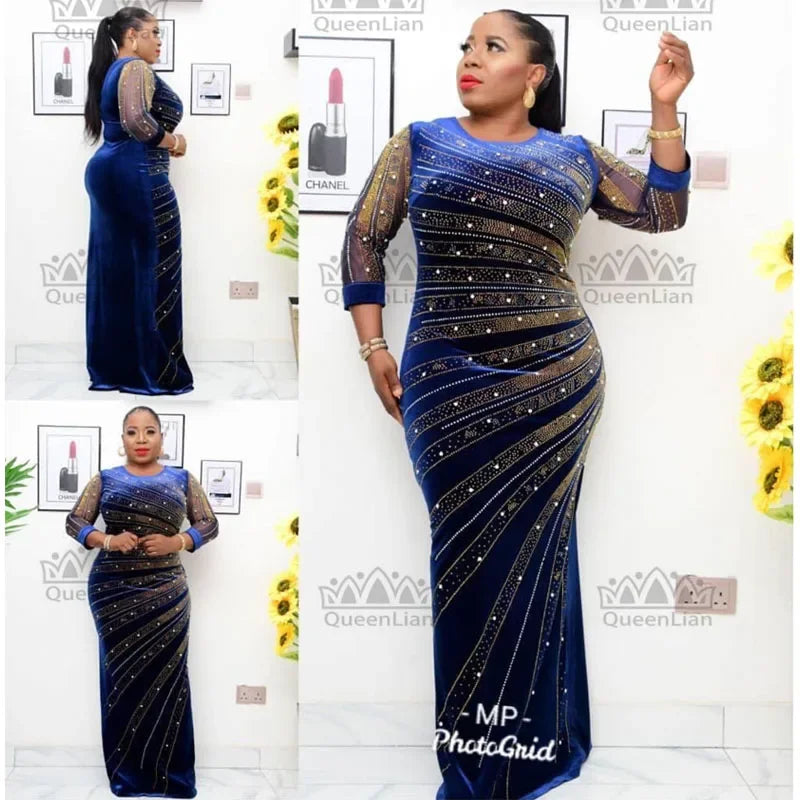 Amay sign Velvet Pearl Diamond Long Tight Dress Big Elastic Material  For Lady