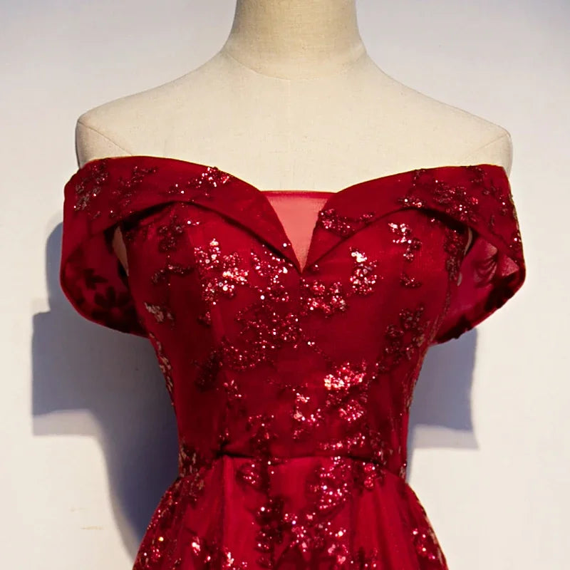 Maxy Customized Evening Dresses Burgundy Bling Tulle A-line Floor-length Off the Shoulder Plus size Woman Party Formal Gown