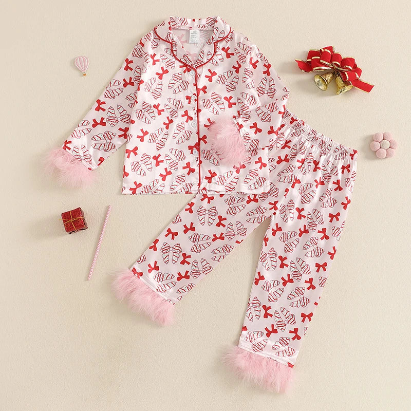 Babs Girl 2Pcs Christmas Pajamas Long Sleeve Bow Mug Print Shirt Pants Set Kid Sleepwear