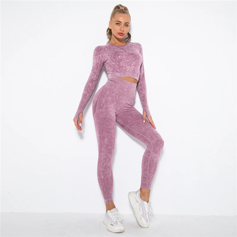 Seamless Sports Suits Women O-neck Crop Tops Long Sleeve Push Up Leggings Sets Gym Wear Summer Two Pieces Sets Tracksuit Feamle