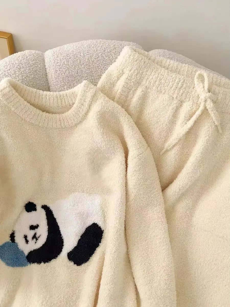 Maxy Winter Cute Panda Flannel Pamas Set Women Kawaiii Pattern Sleepwear For Girl Fashion Pullover Veet Woman's Pijamas