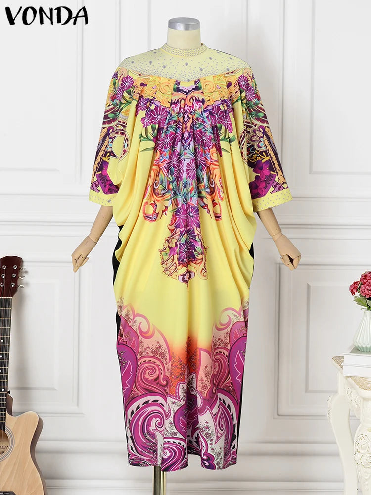 Maxy Women Dress Bohemian Printing Sundress Elegant Robe Vintage 3/4 Sleeve Stand Collar Holiday Oversized