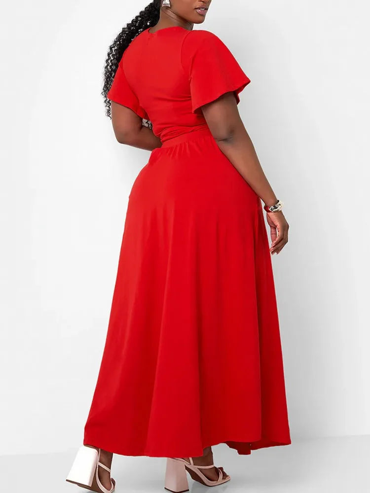 Maxy Two Piece Set Plus Size Clothes Spring Summer V-Neck Short Sleeve Top Maxy Skirt Women Sets Streetwear Casual Office Lady Suit