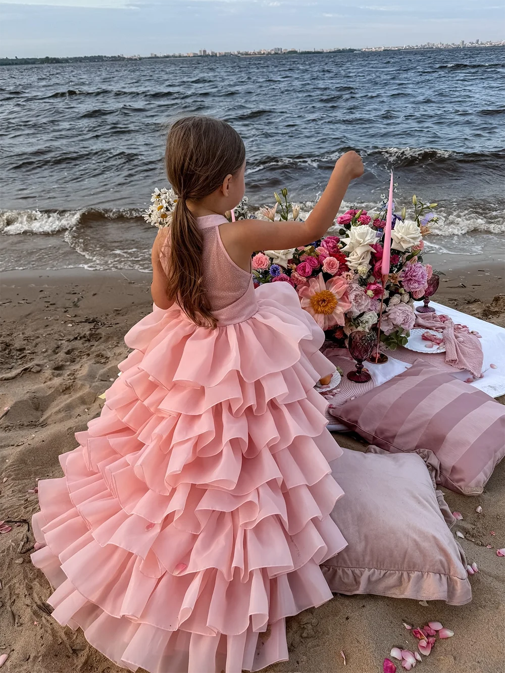Maxy Princess Flower Girl Dress For Wedding Light Pink Layered Ruffles Sleeveless Child First Eucharistic Birthday Party Dress