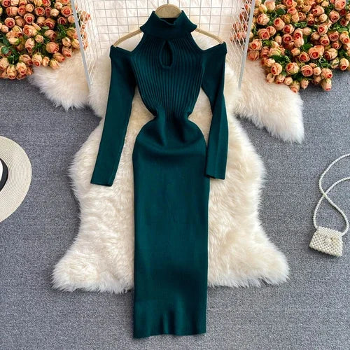 Amay Gagarich Woman Chic Knitting Dresses Autumn New Ins Stand-up Collar Tight-fitting Hollow Out Hip Strapless Stretch Vestidos