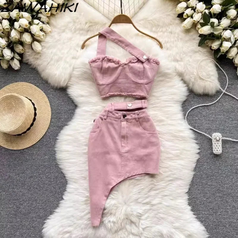Maxy Sweet Two-Piece Set Women Sexy Patchwork Camisole Top Irregular Slim Waist Women's Skirts Office Lady Fashion Elegant Ropa