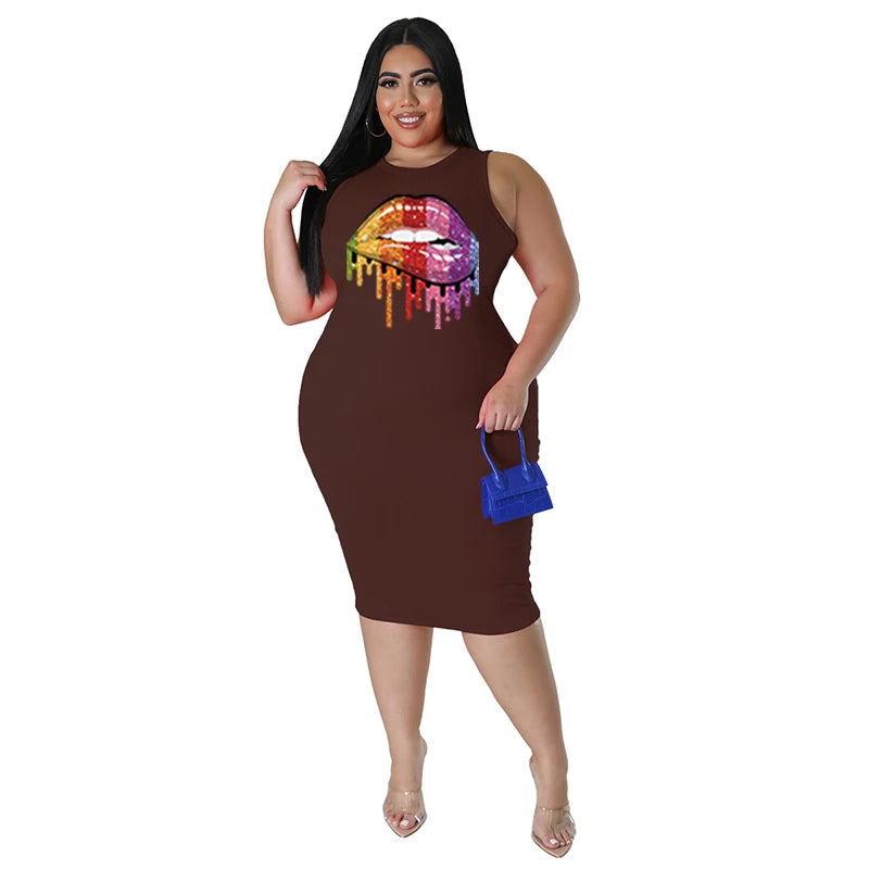 Wmstar Plus Size Dress for Women Clothing Summer Lip Print Bodycon Stretch Elegant Maxi Dresses Women Wholesale Dropshiping