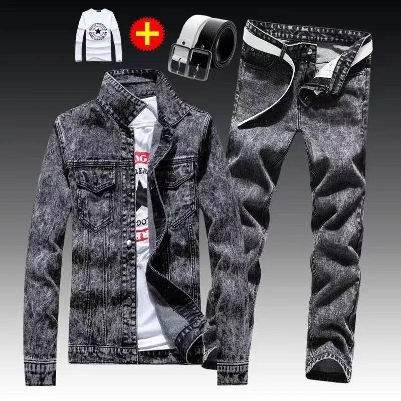 Maxy 2024 Men's Sets Casual Denim Coat with Long Pants A Suit Korean Version of The Trend Handsome Jacket Men's Waistcoat 4-piece set