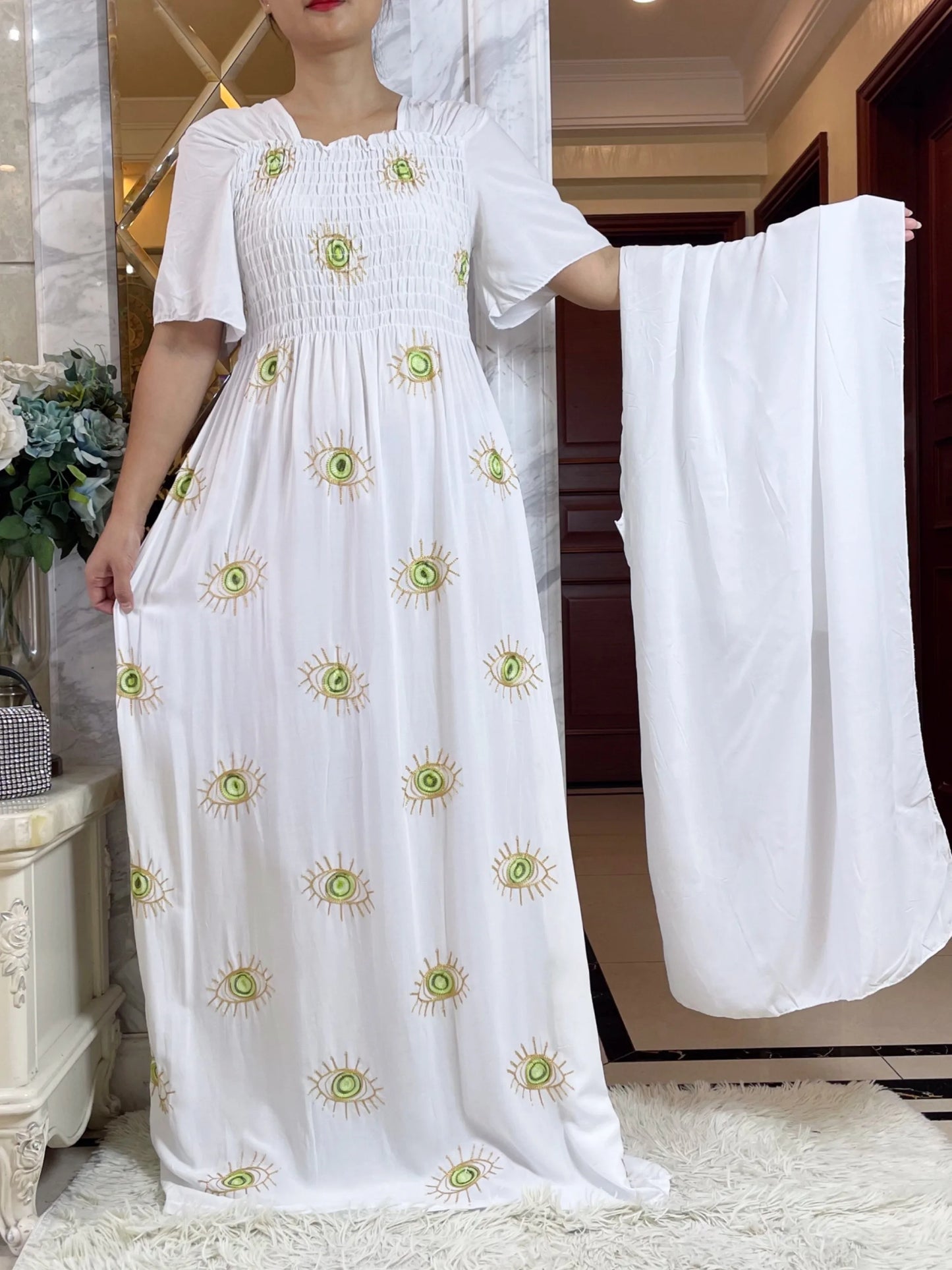 Maxy Summer Fashion Casual Dress Collect Waist Embroider Short Sleeve Loose Woman Maxy Islam African Women Abaya Clothes